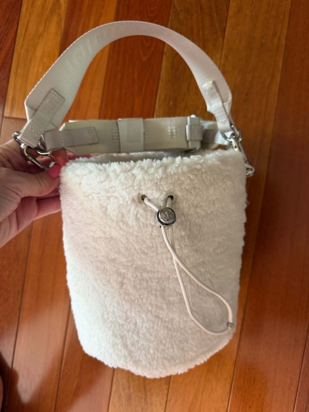 lululemon athletica Cream Faux Shearling Bucket Crossbody with Silver Hardware